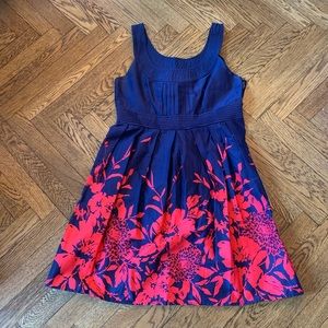 Navy dress with red flowers and POCKETS - size 10